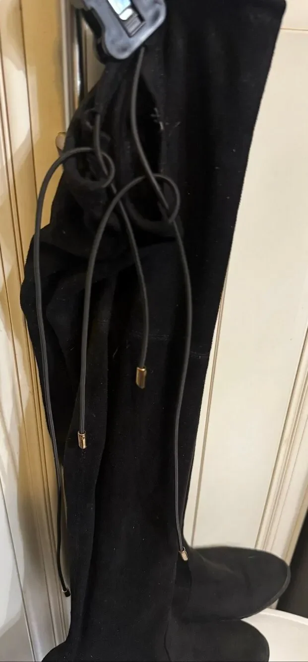 Yoki Women's Anora Faux Suede Lace Up Over The Knee Boots Black Size 8